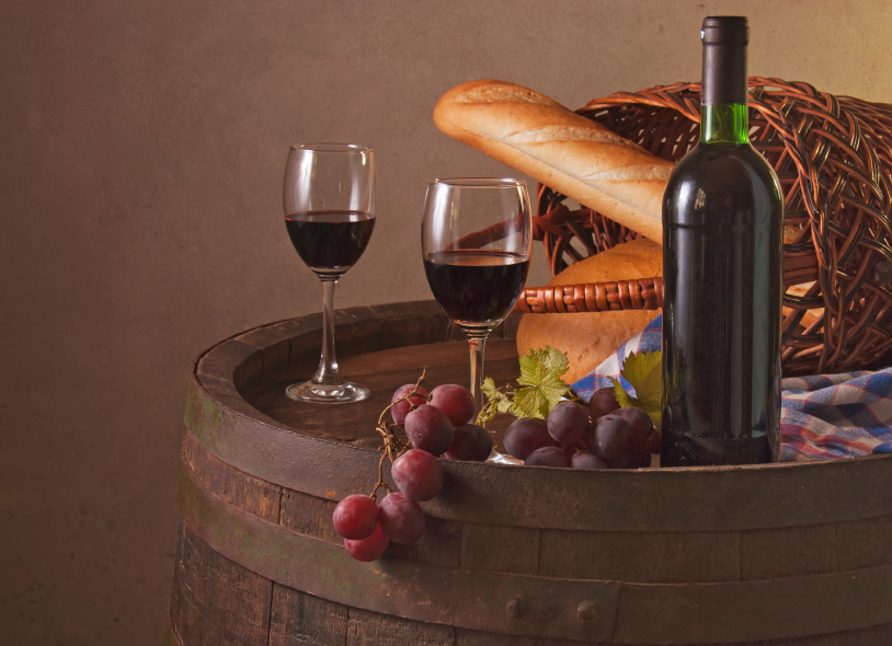 Wine Glasses, Wine Bottle, Bread and Barrel